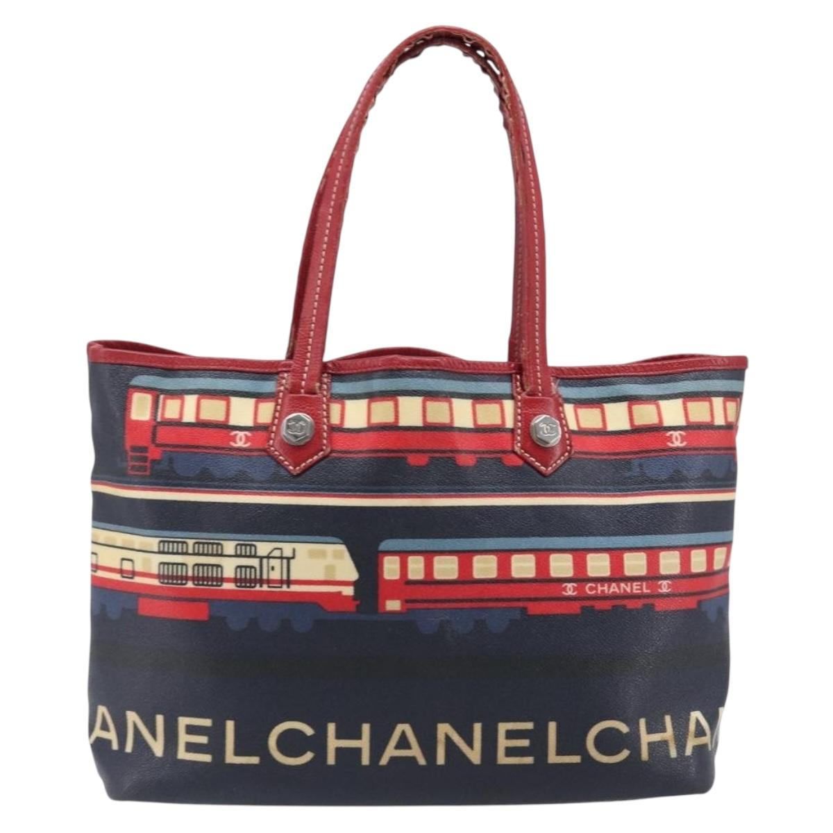 CHANEL Central Station Tote Bag PVC Canvas Navy Silver CC Auth 201987
