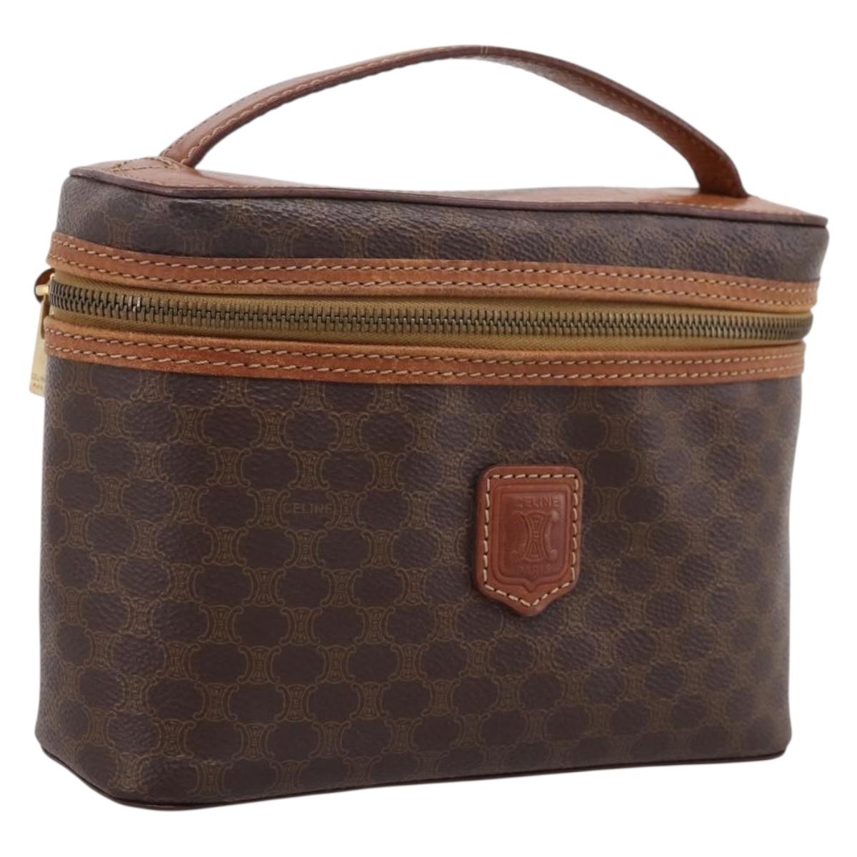 CELINE Macadam Canvas Vanity Cosmetic Pouch PVC Leather Brown Gold Auth 201994