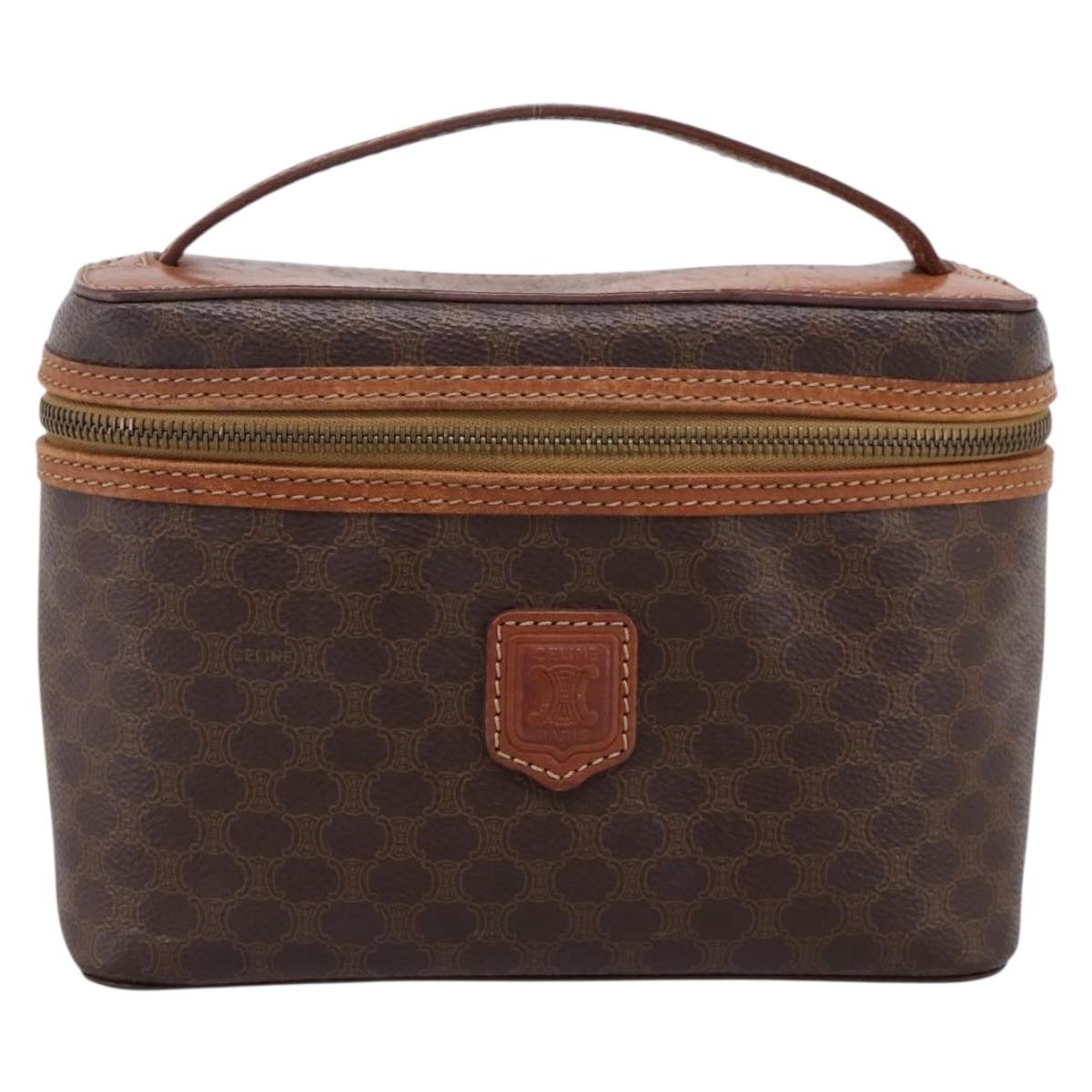 CELINE Macadam Canvas Vanity Cosmetic Pouch PVC Leather Brown Gold Auth 201994