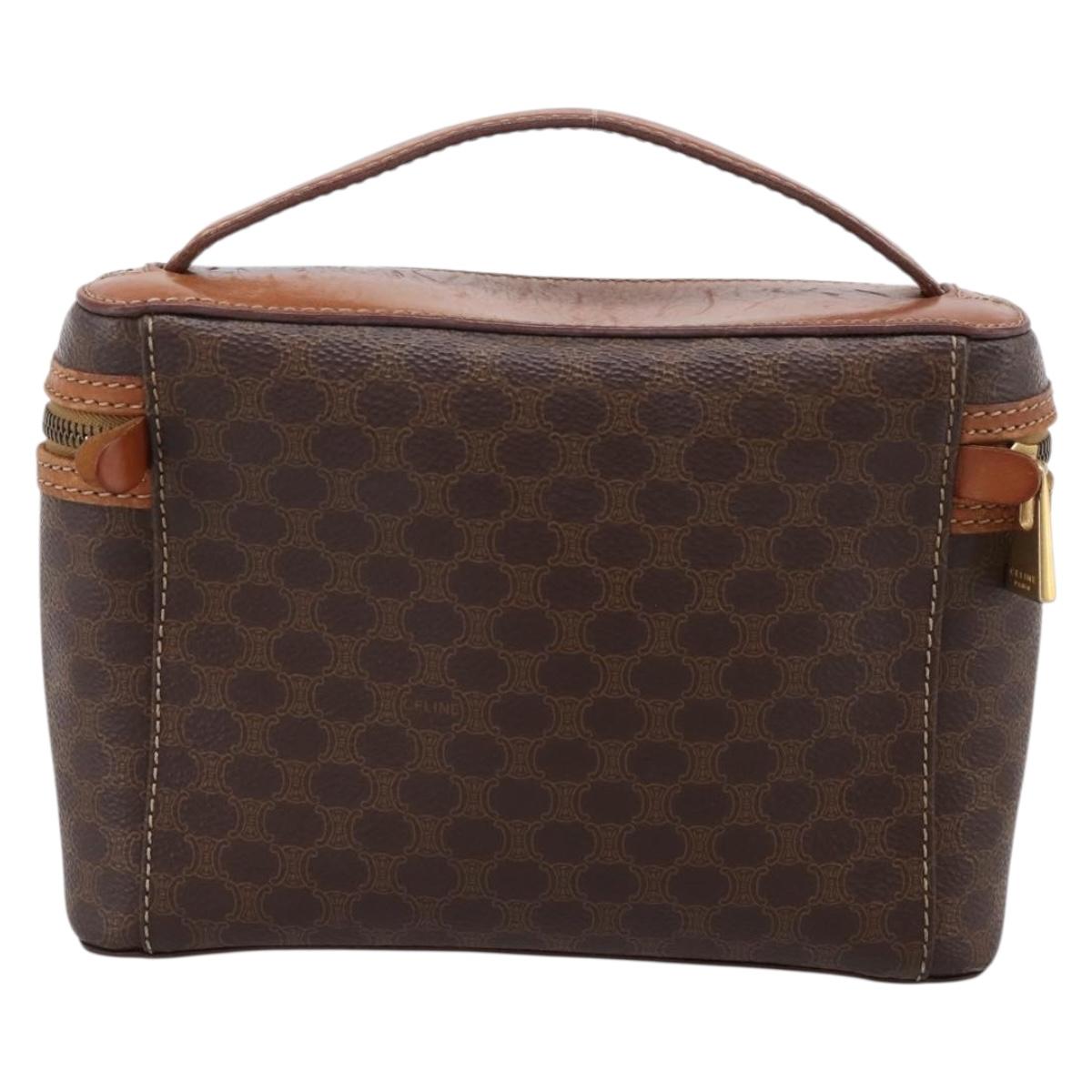 CELINE Macadam Canvas Vanity Cosmetic Pouch PVC Leather Brown Gold Auth 201994