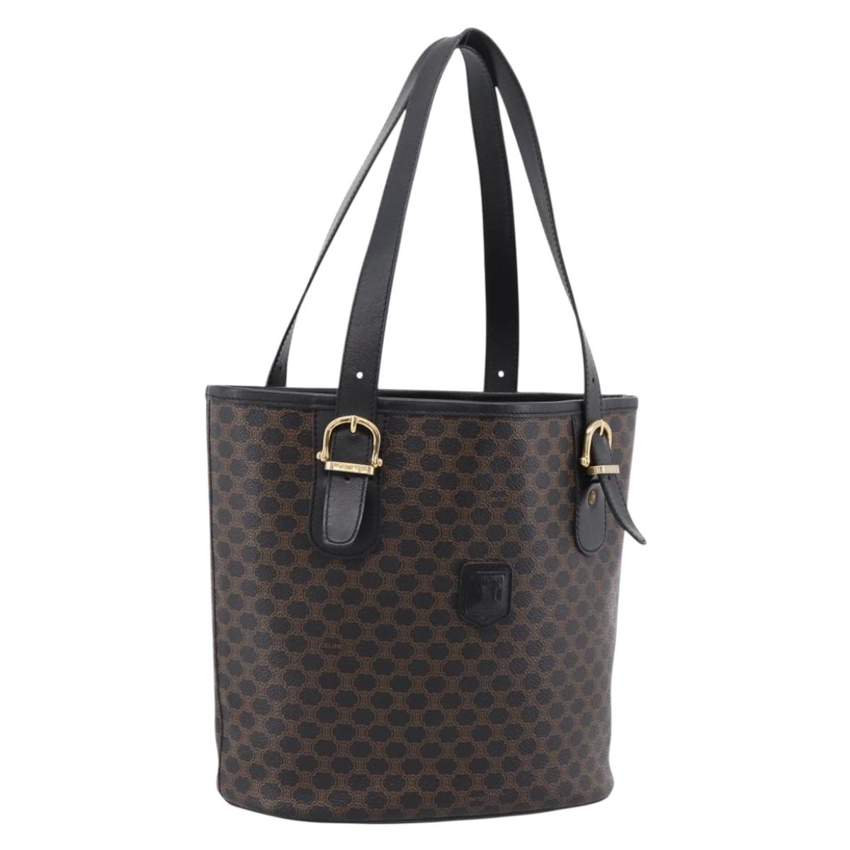 CELINE Macadam Canvas Tote Bag PVC Leather Black Gold Auth 201999A