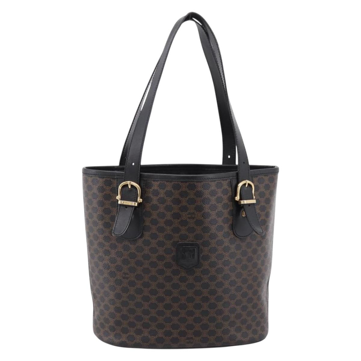 CELINE Macadam Canvas Tote Bag PVC Leather Black Gold Auth 201999A