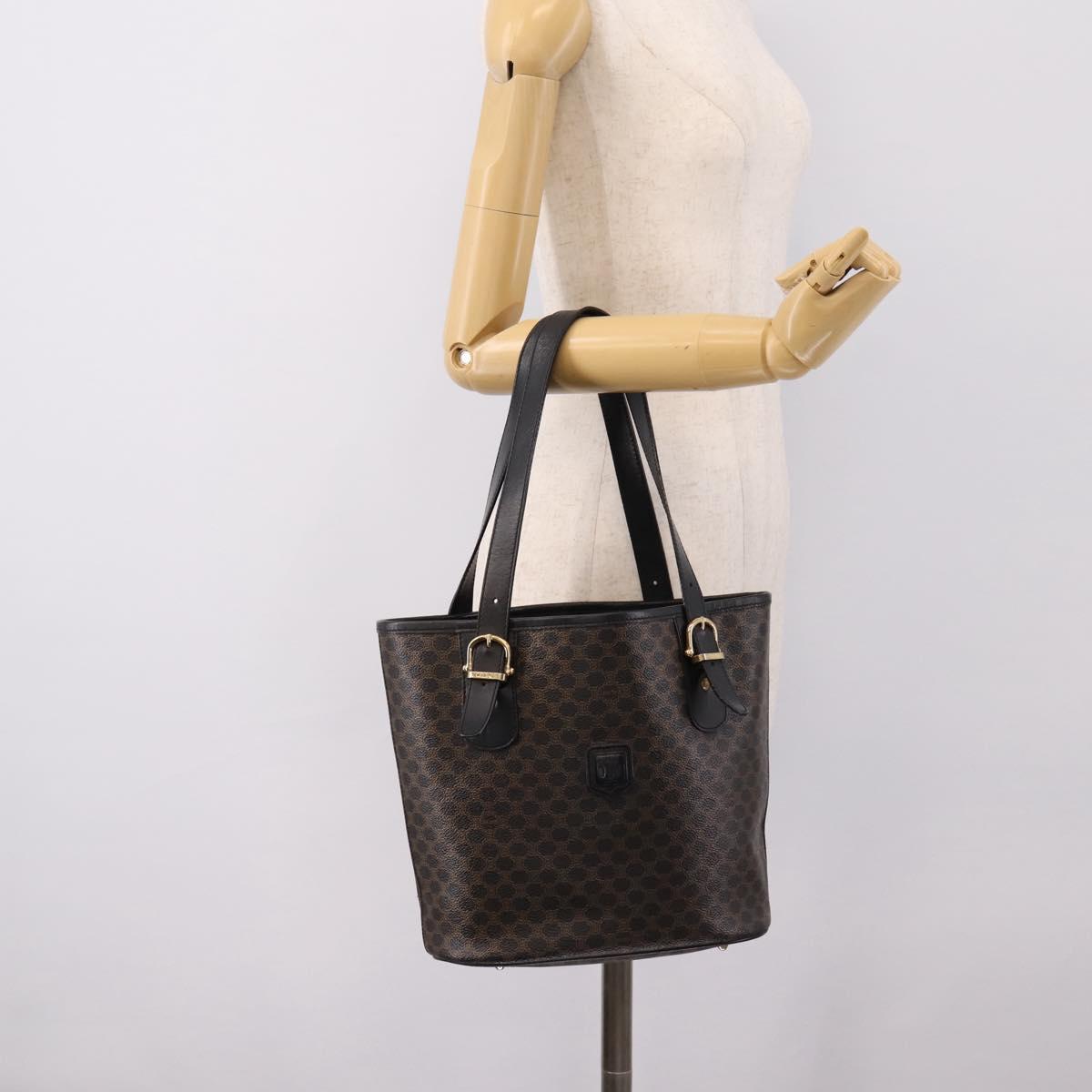 CELINE Macadam Canvas Tote Bag PVC Leather Black Gold Auth 201999A
