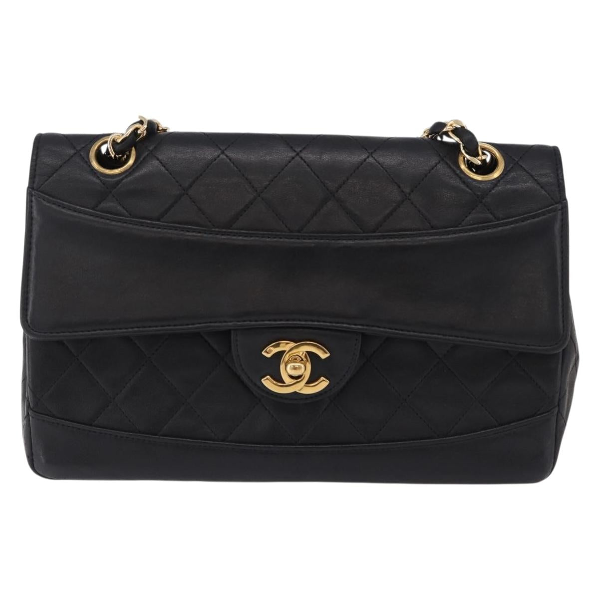 CHANEL Matelasse Chain Shoulder Bag Lamb Skin Black Gold CC Auth 202003SAV