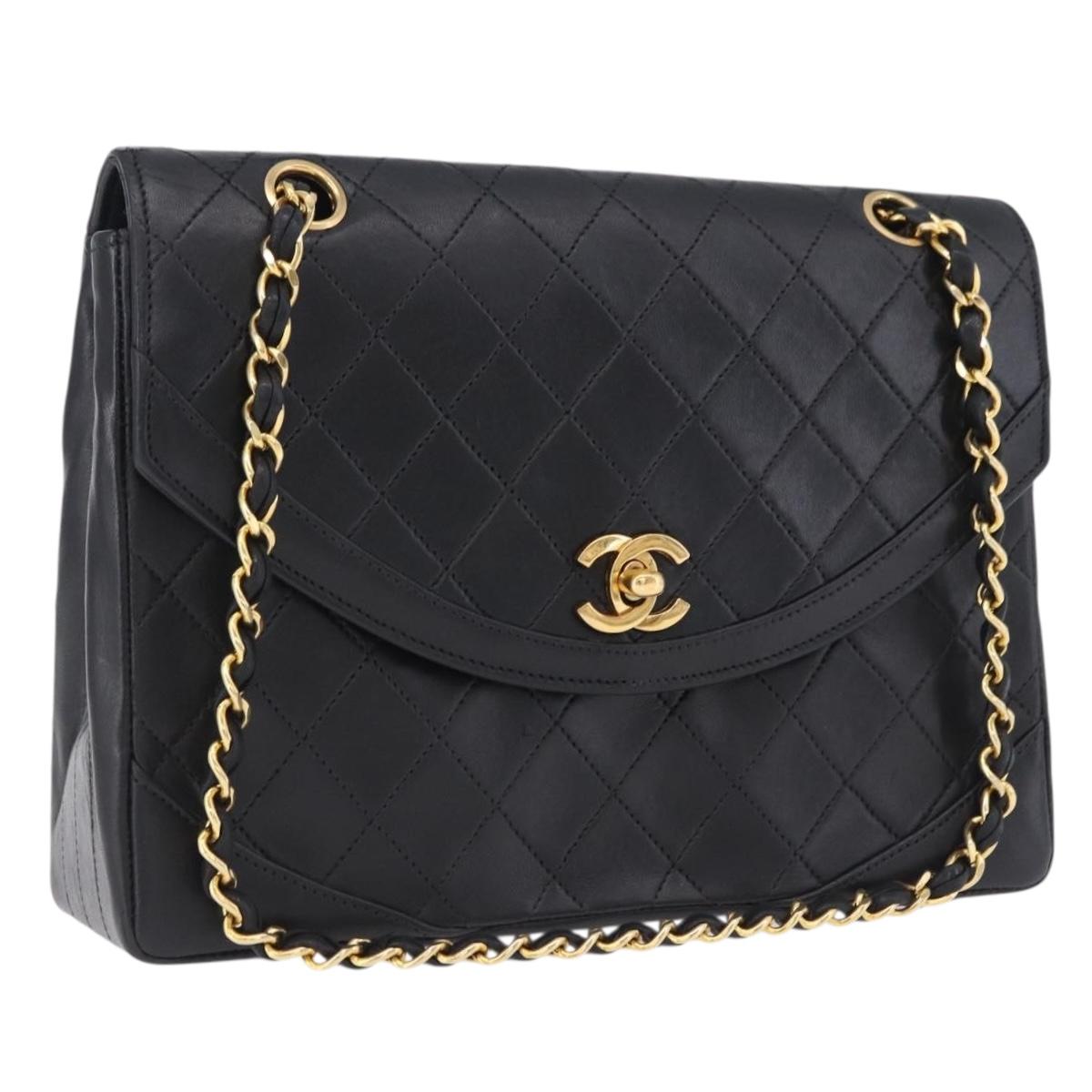 CHANEL Matelasse Chain Shoulder Bag Lamb Skin Black Gold CC Auth 202004SAV