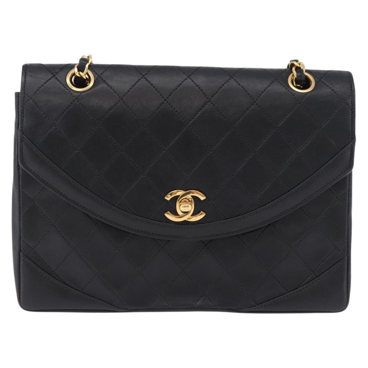 CHANEL Matelasse Chain Shoulder Bag Lamb Skin Black Gold CC Auth 202004SAV