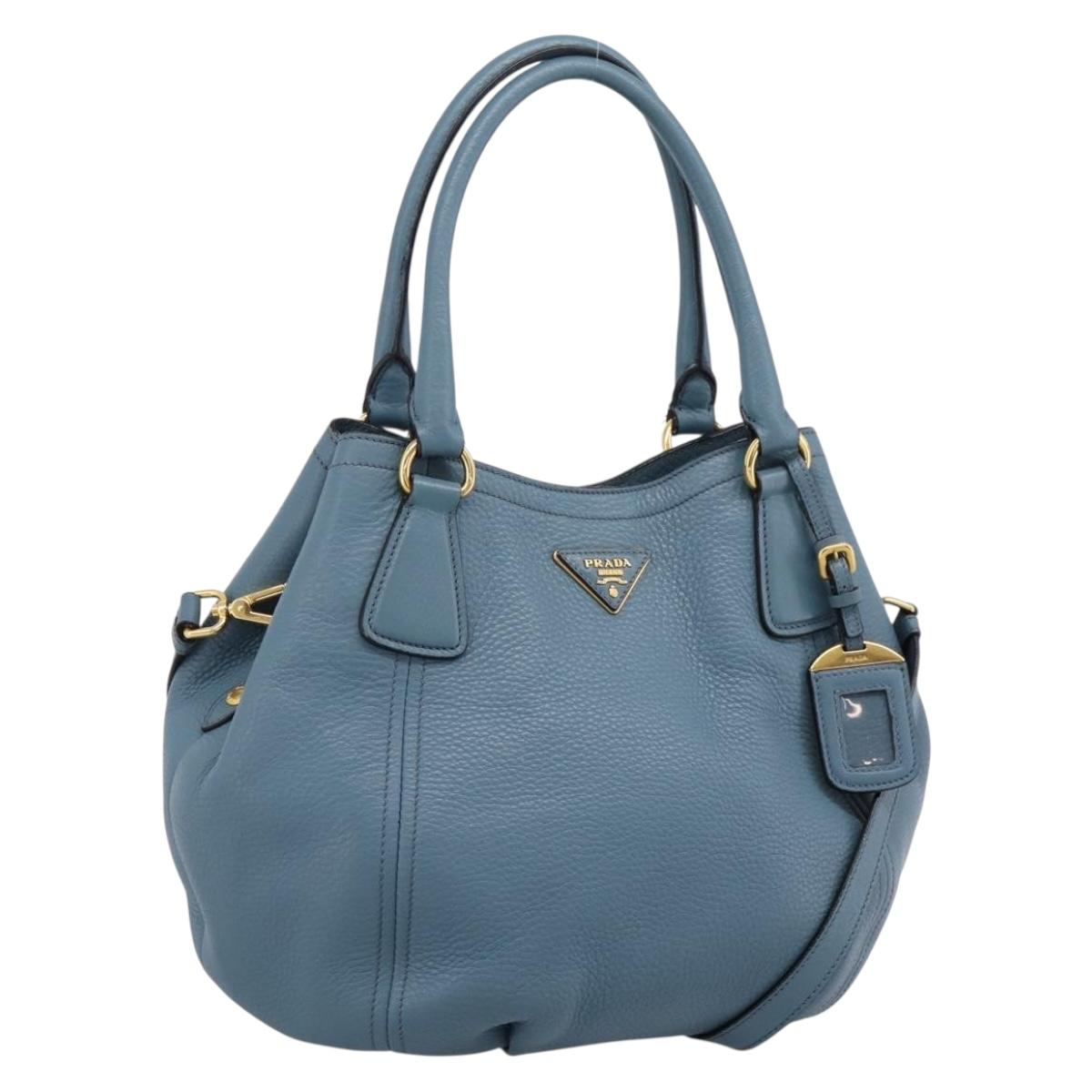 PRADA Hand Bag Leather 2way Light Blue Gold Tone Auth 202074V