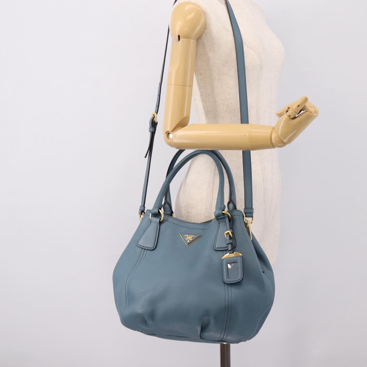 PRADA Hand Bag Leather 2way Light Blue Gold Tone Auth 202074V