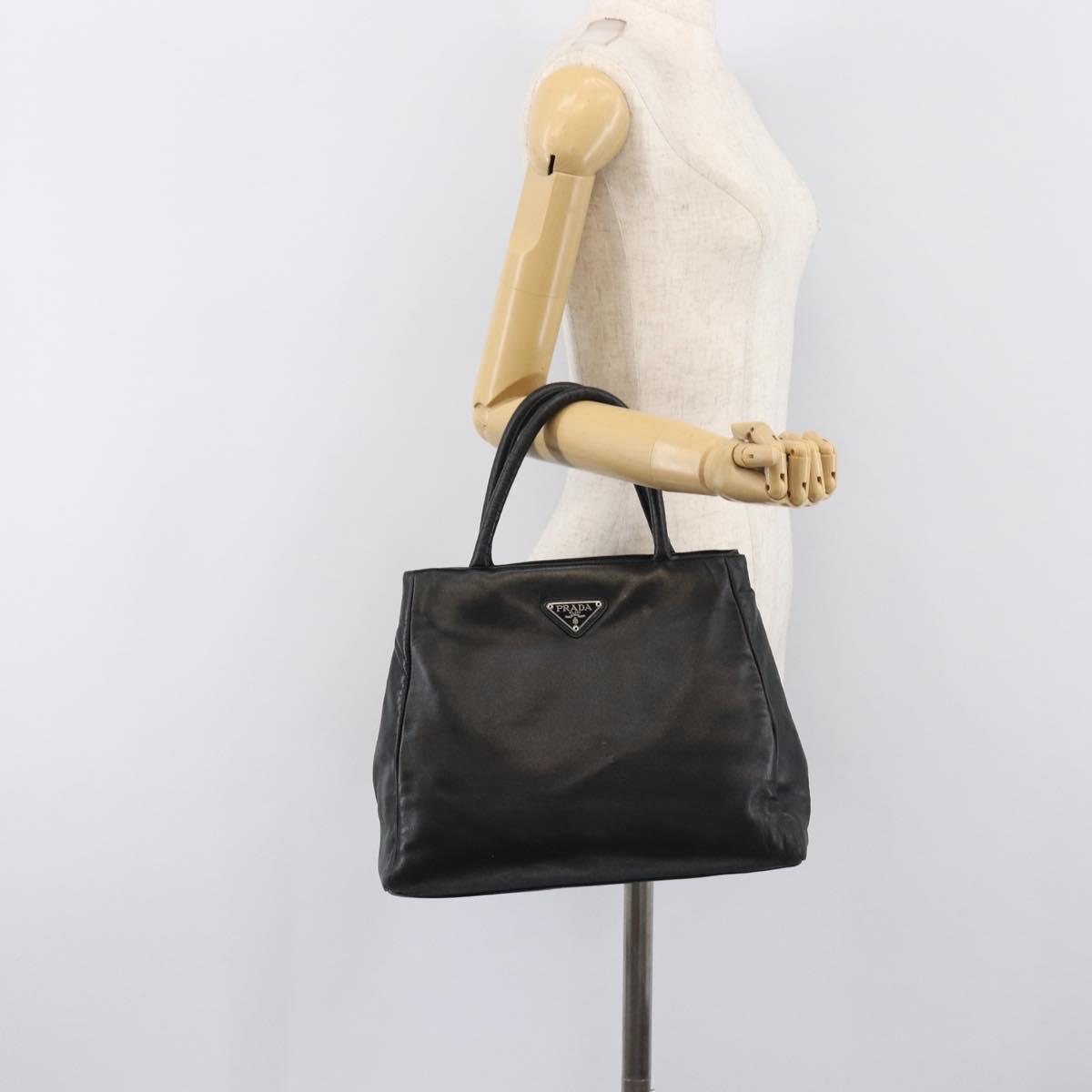 PRADA Hand Bag Leather Black Silver Auth 202075A