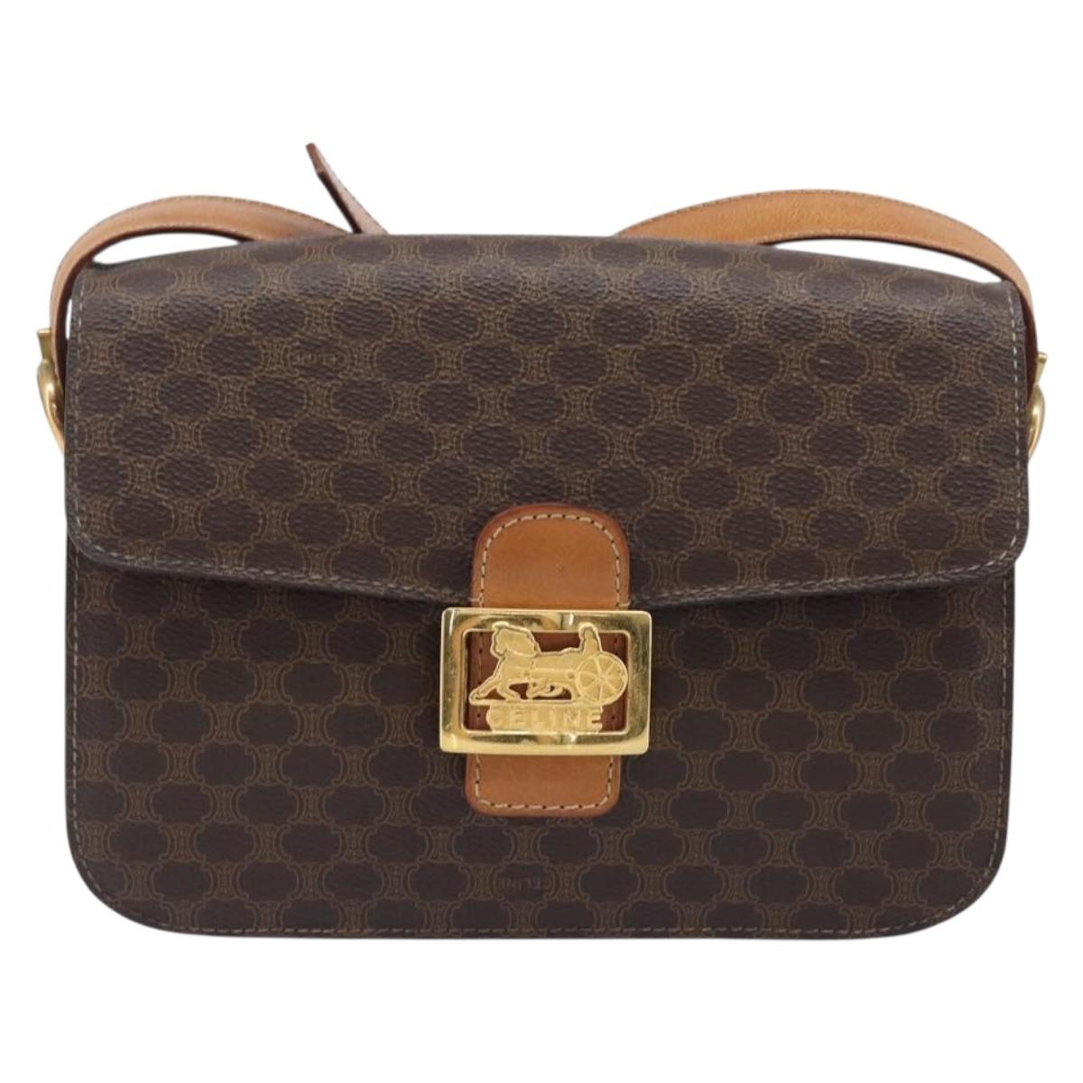CELINE Macadam Horse Carriage Shoulder Bag PVC Brown Gold Tone Auth 202089A