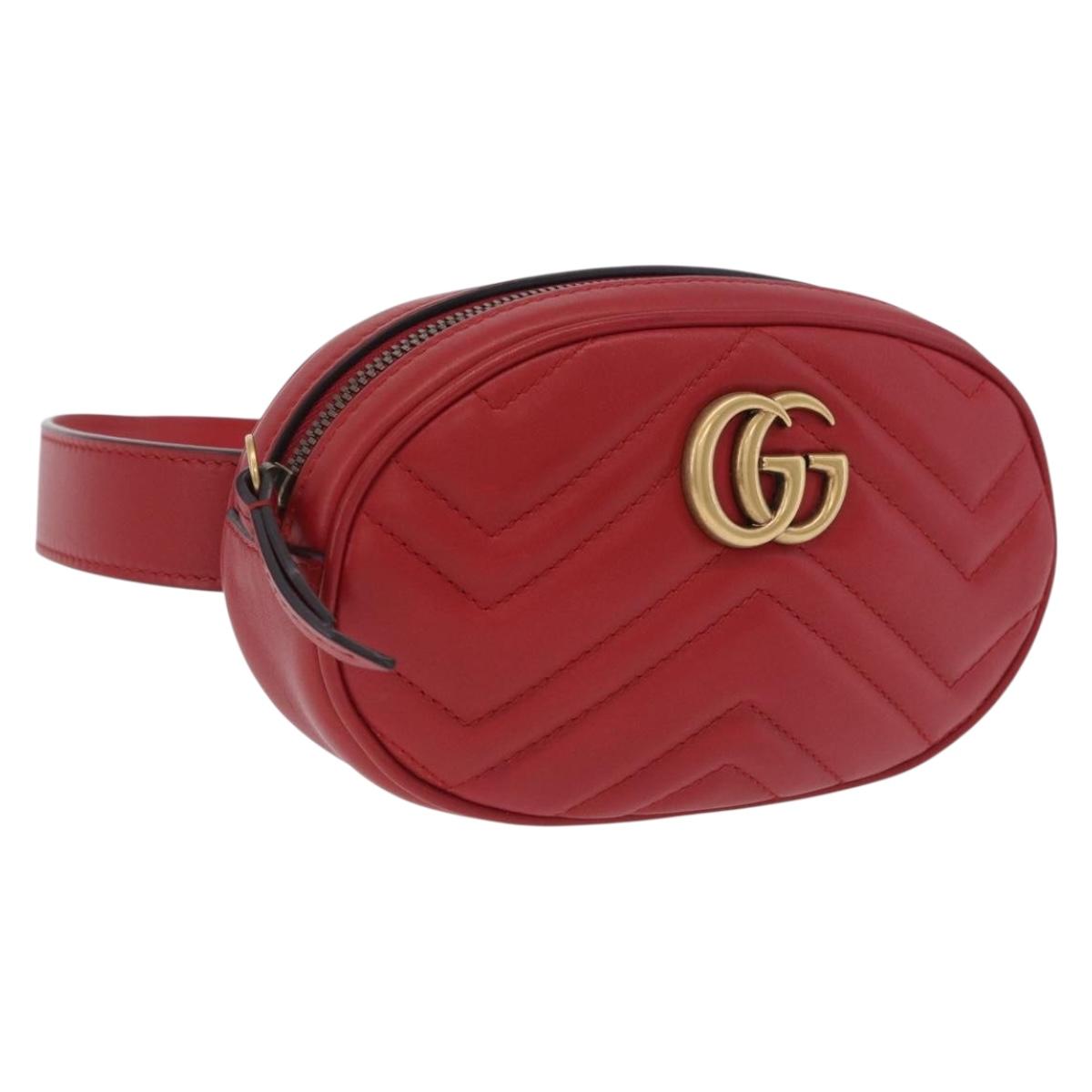 GUCCI GG Marmont Waist Bag Leather Red Gold Tone 476434 Auth 202090V
