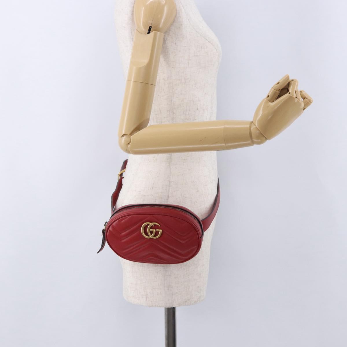 GUCCI GG Marmont Waist Bag Leather Red Gold Tone 476434 Auth 202090V