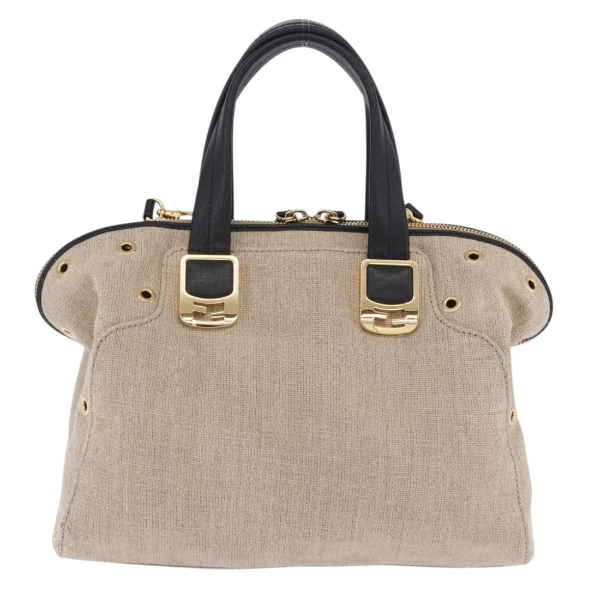 FENDI Chameleon Hand Bag Canvas 2way Beige Gold Tone 8BL114 Auth 202092