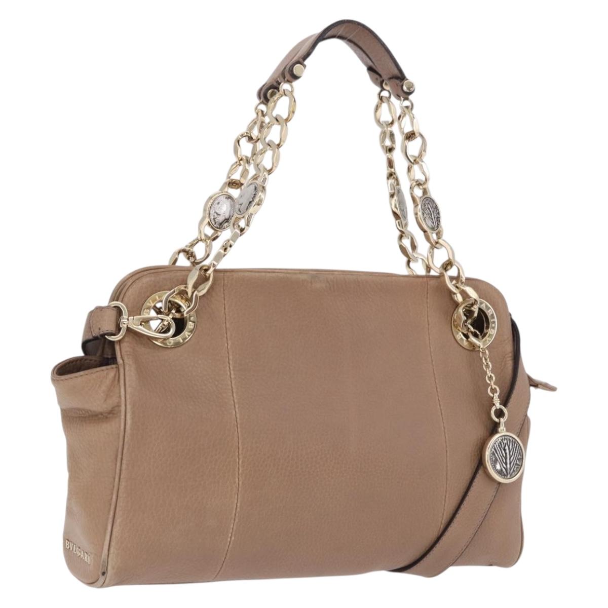 BVLGARI Chain Shoulder Tote Bag Leather 2way Beige Gold Tone Auth 202093A