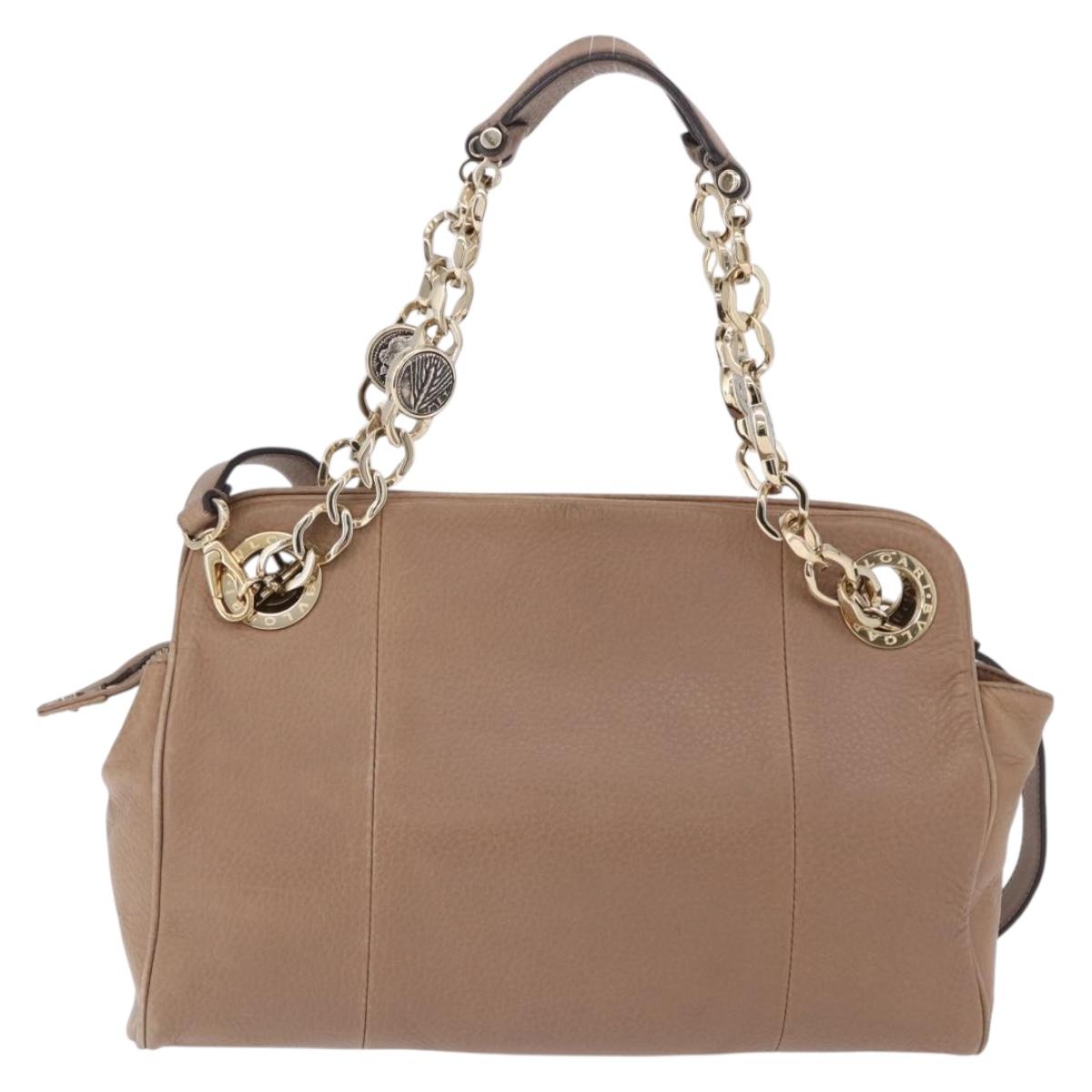 BVLGARI Chain Shoulder Tote Bag Leather 2way Beige Gold Tone Auth 202093A