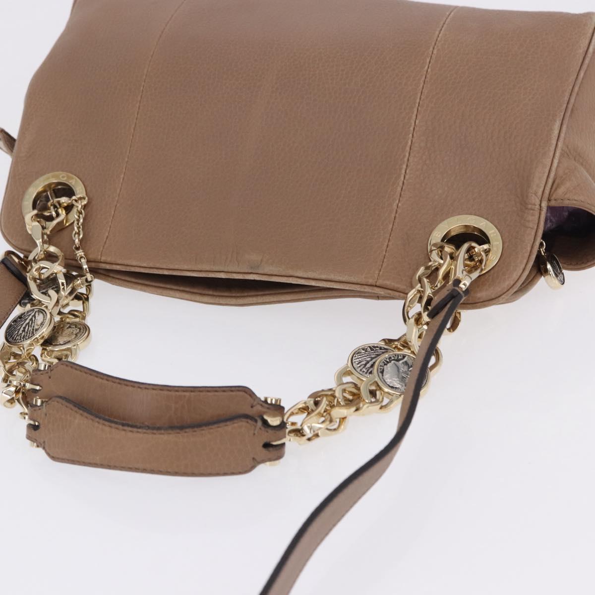 BVLGARI Chain Shoulder Tote Bag Leather 2way Beige Gold Tone Auth 202093A