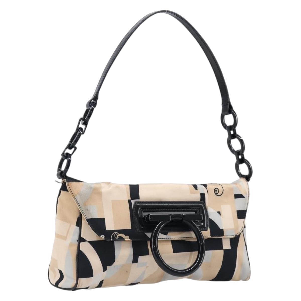 Salvatore Ferragamo Gancini Shoulder Bag Satin Beige Black Auth 202099