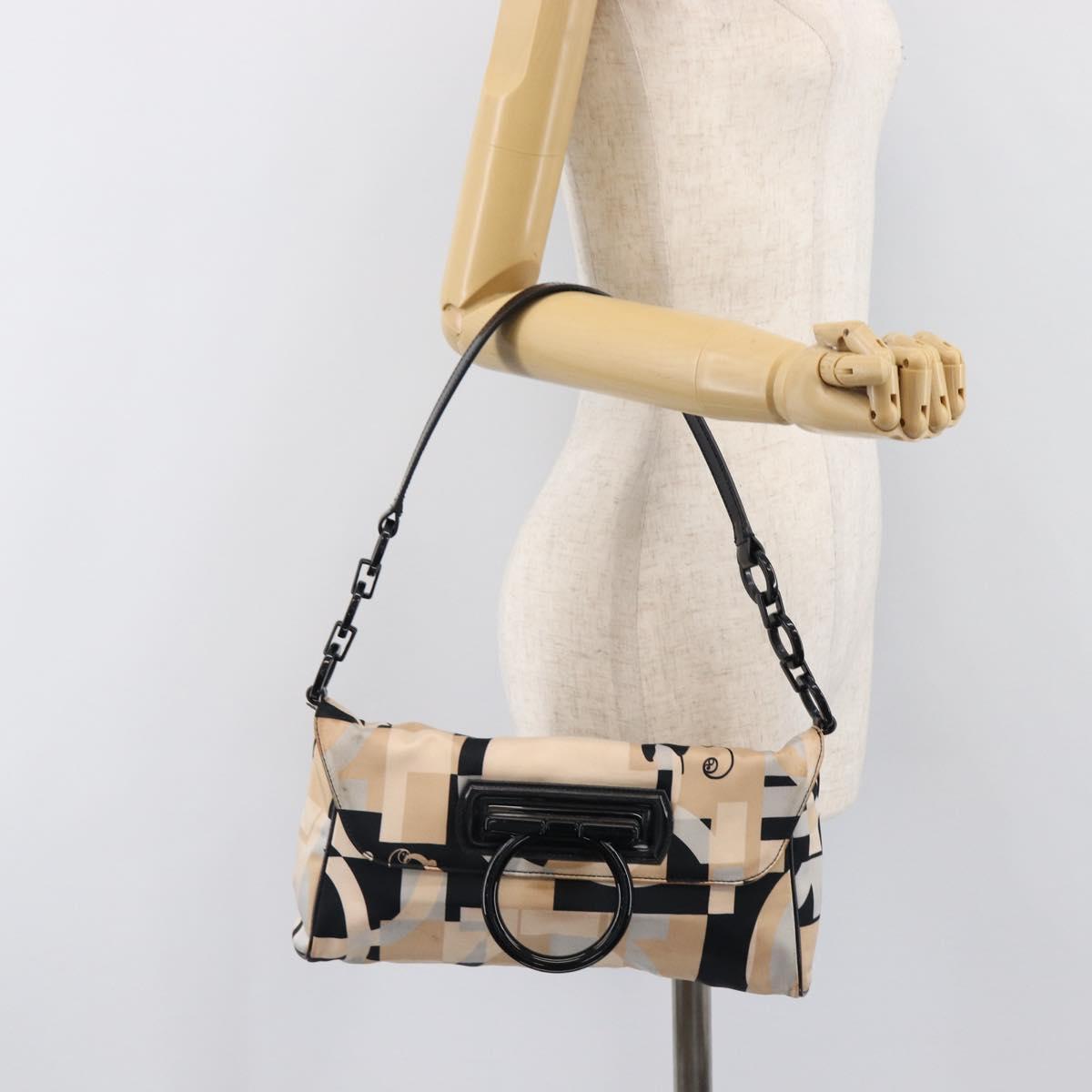 Salvatore Ferragamo Gancini Shoulder Bag Satin Beige Black Auth 202099