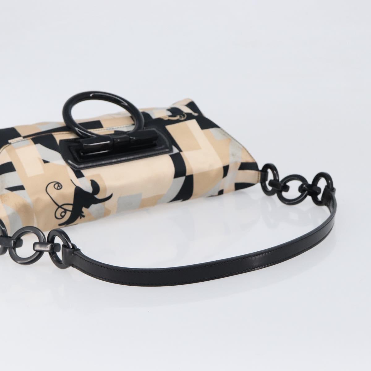Salvatore Ferragamo Gancini Shoulder Bag Satin Beige Black Auth 202099