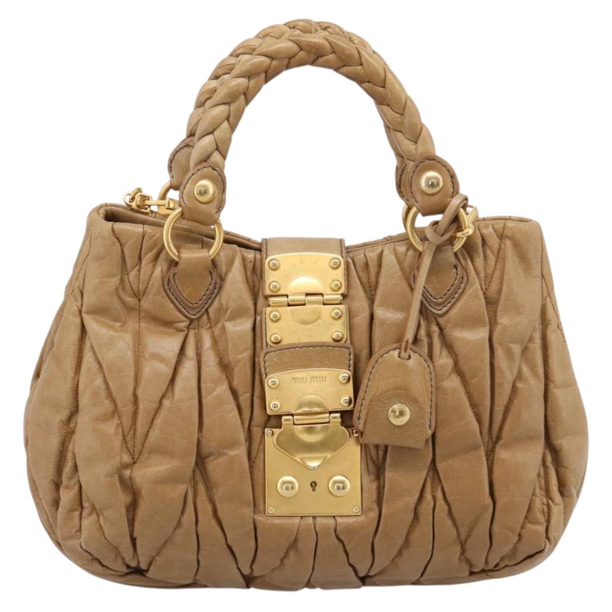 Miu Miu Vitellolux Matelasse Hand Bag Leather 2way Brown Gold Tone Auth 202111V