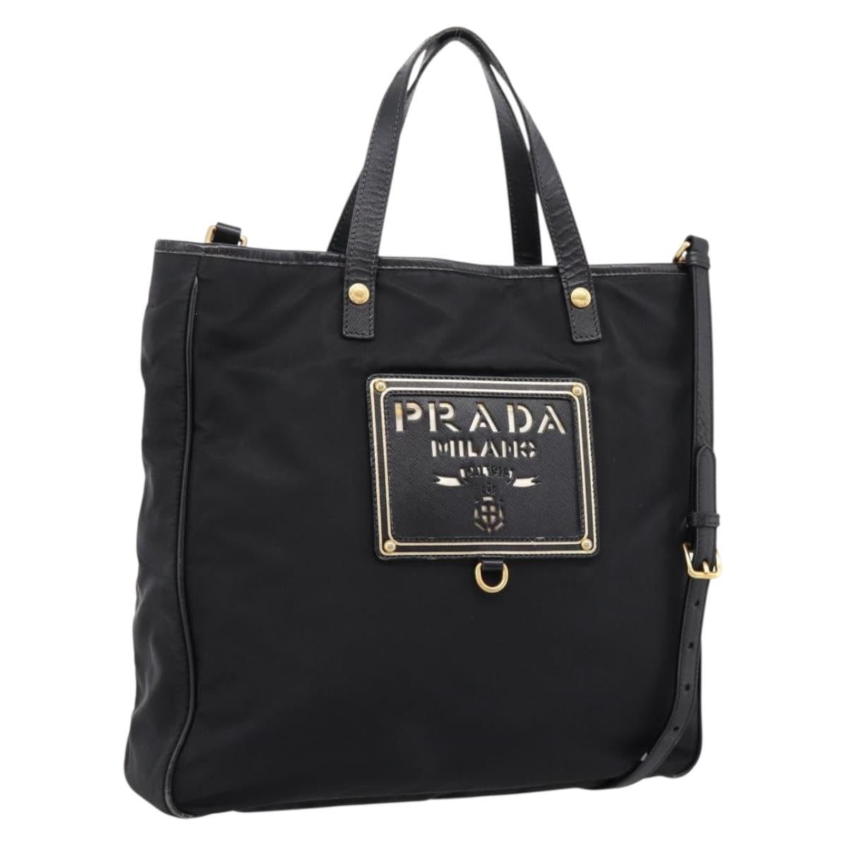 PRADA Hand Bag Nylon 2way Black Gold Tone Auth 202114