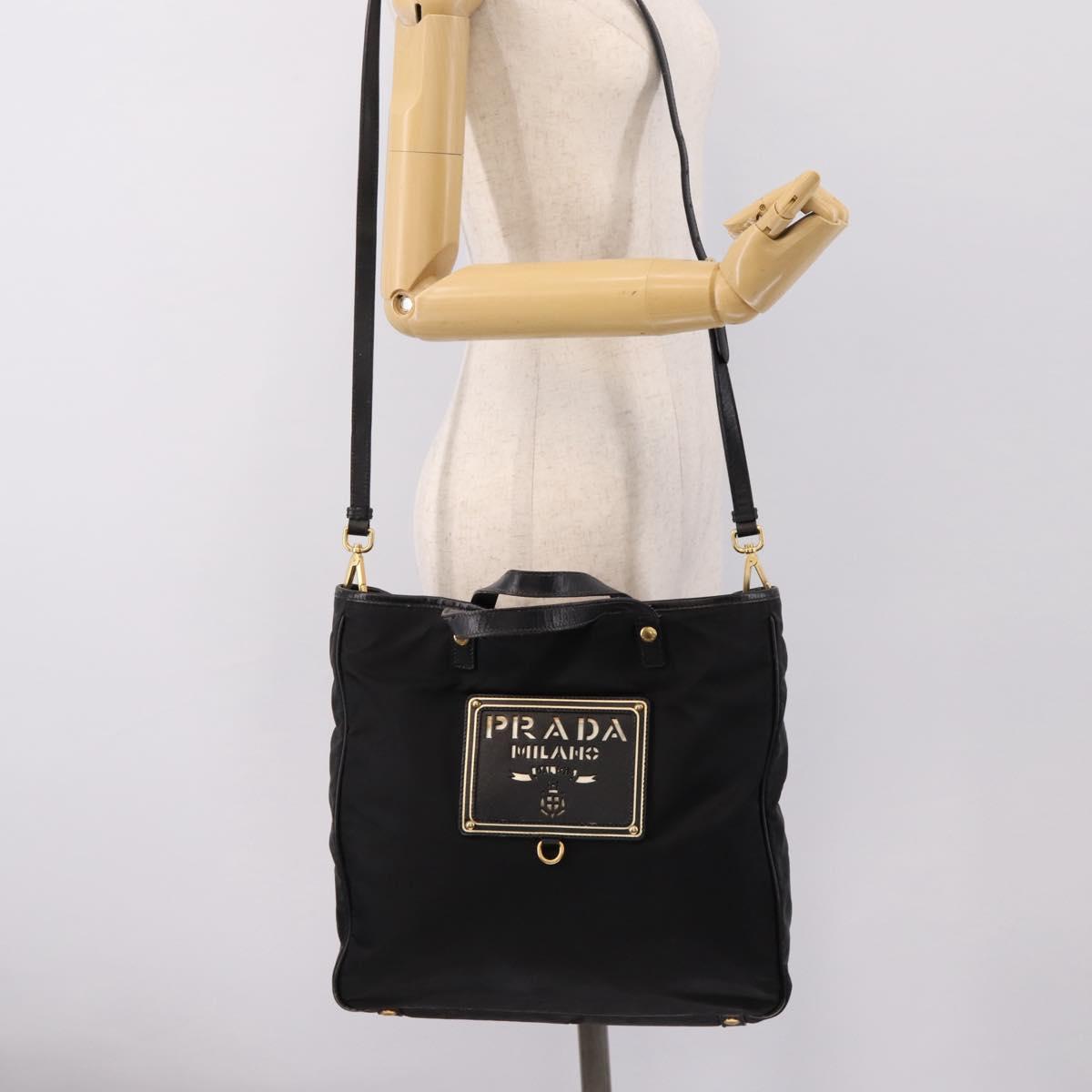 PRADA Hand Bag Nylon 2way Black Gold Tone Auth 202114