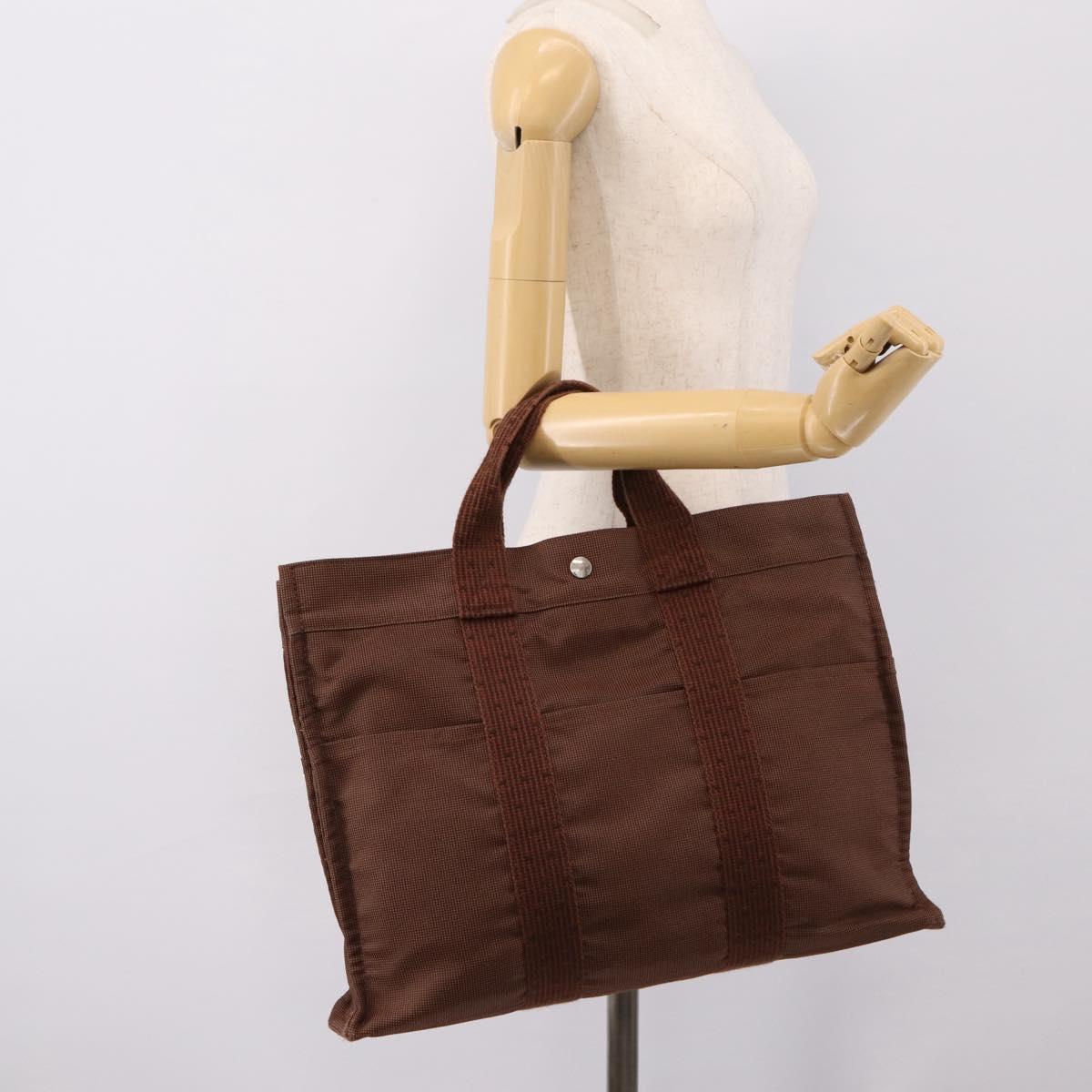 HERMES Her Line MM Hand Bag Canvas Brown Silver Auth 202116