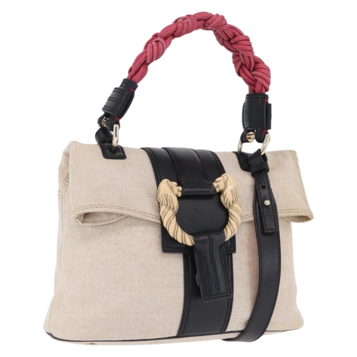 BVLGARI Hand Bag Canvas 2way Beige Gold Tone Auth 202121A