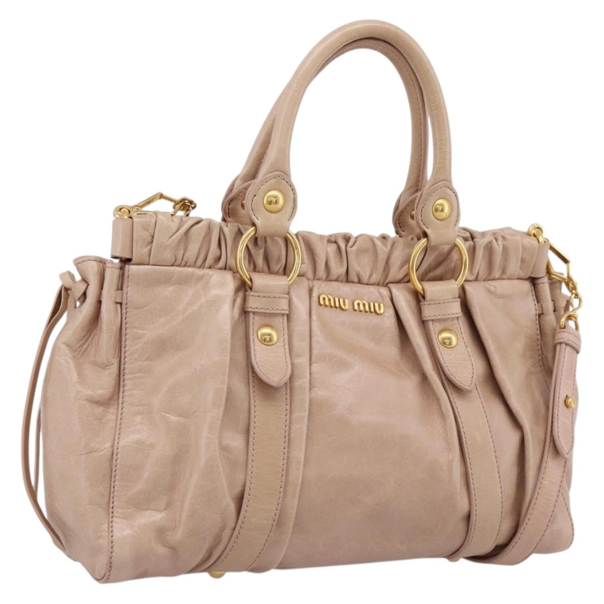 Miu Miu Vitellolux Hand Bag Leather 2way Beige Gold Auth 202127V