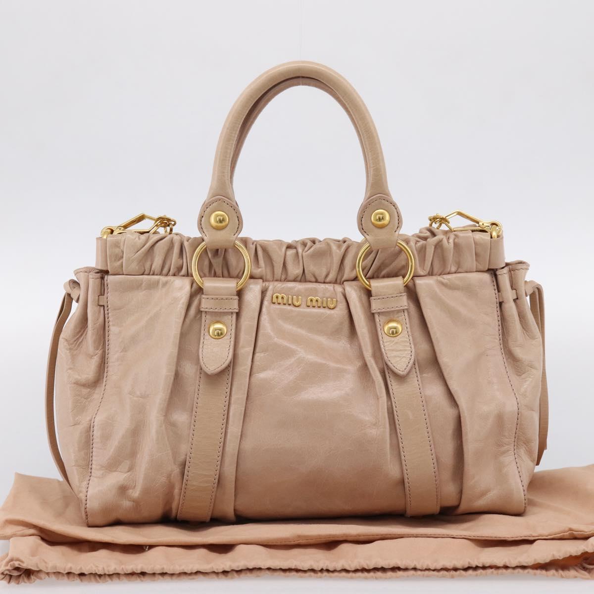 Miu Miu Vitellolux Hand Bag Leather 2way Beige Gold Auth 202127V