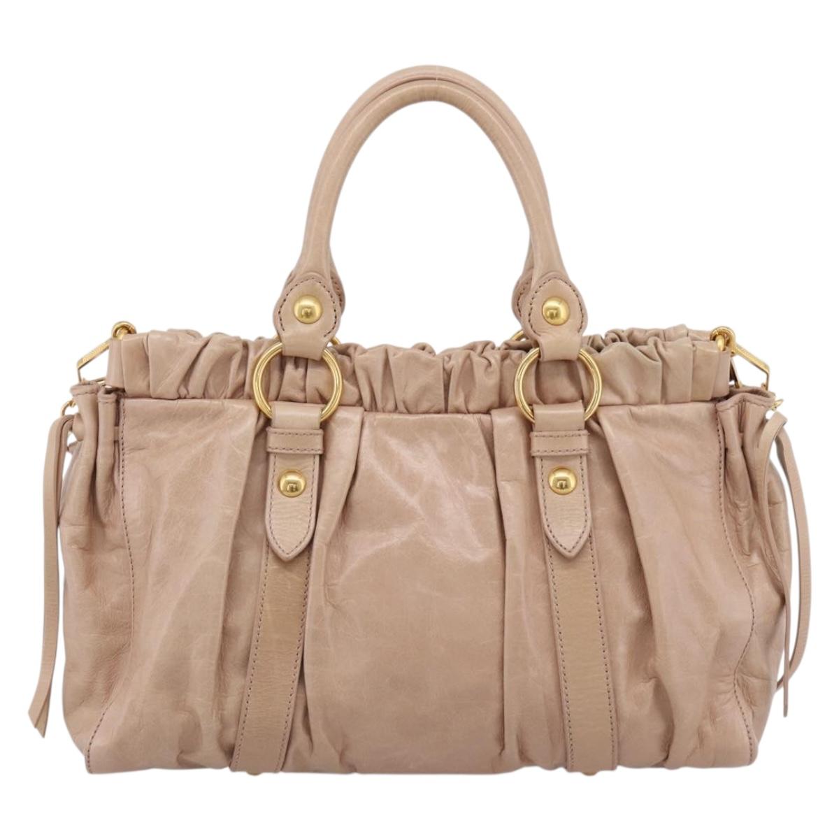 Miu Miu Vitellolux Hand Bag Leather 2way Beige Gold Auth 202127V