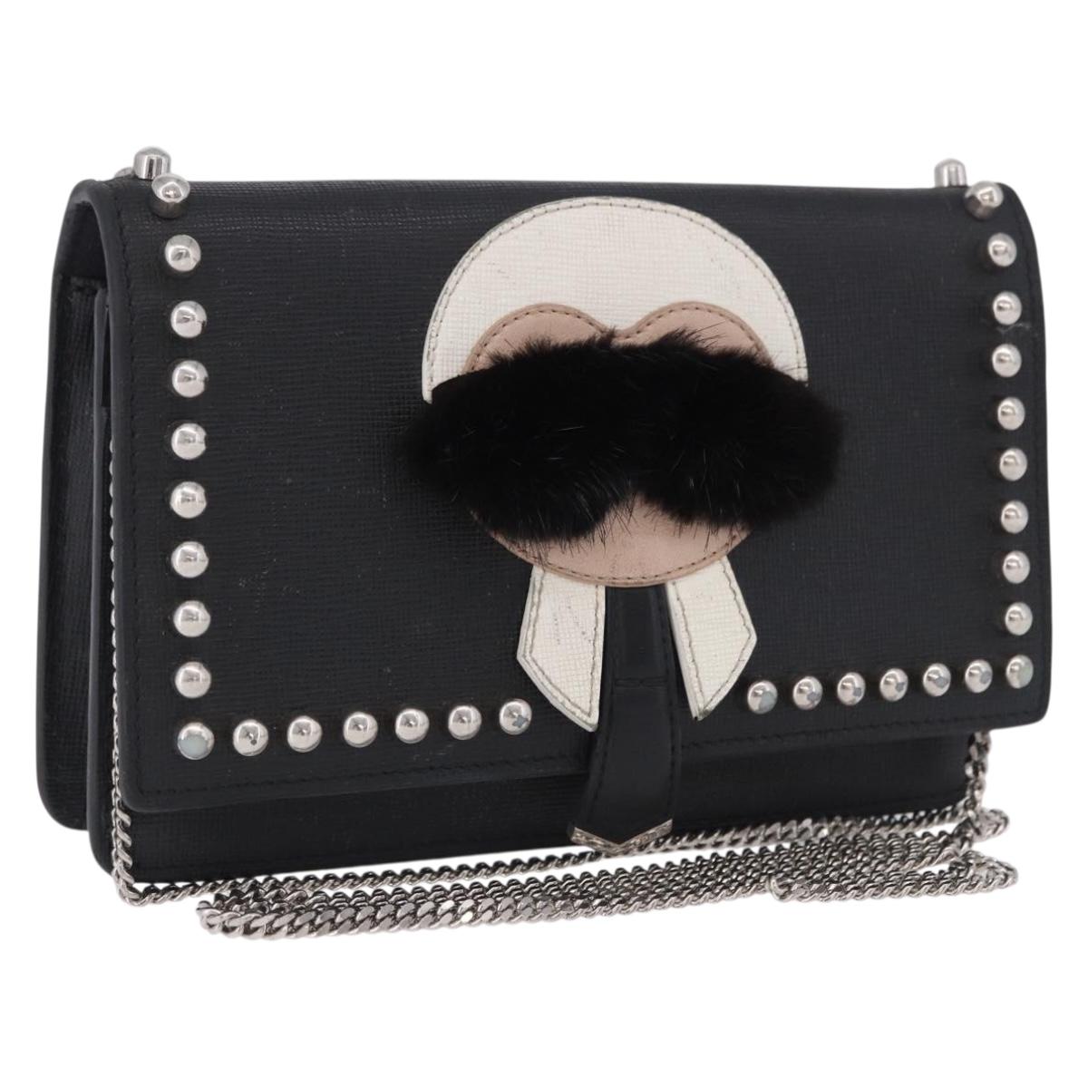 FENDI Chain Shoulder Bag Leather Black Silver 8M0346 Auth 202140
