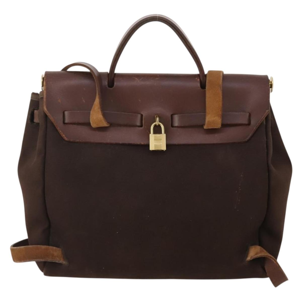 HERMES Herbag Ad Backpack Canvas 2way Brown Gold Tone Auth 202155