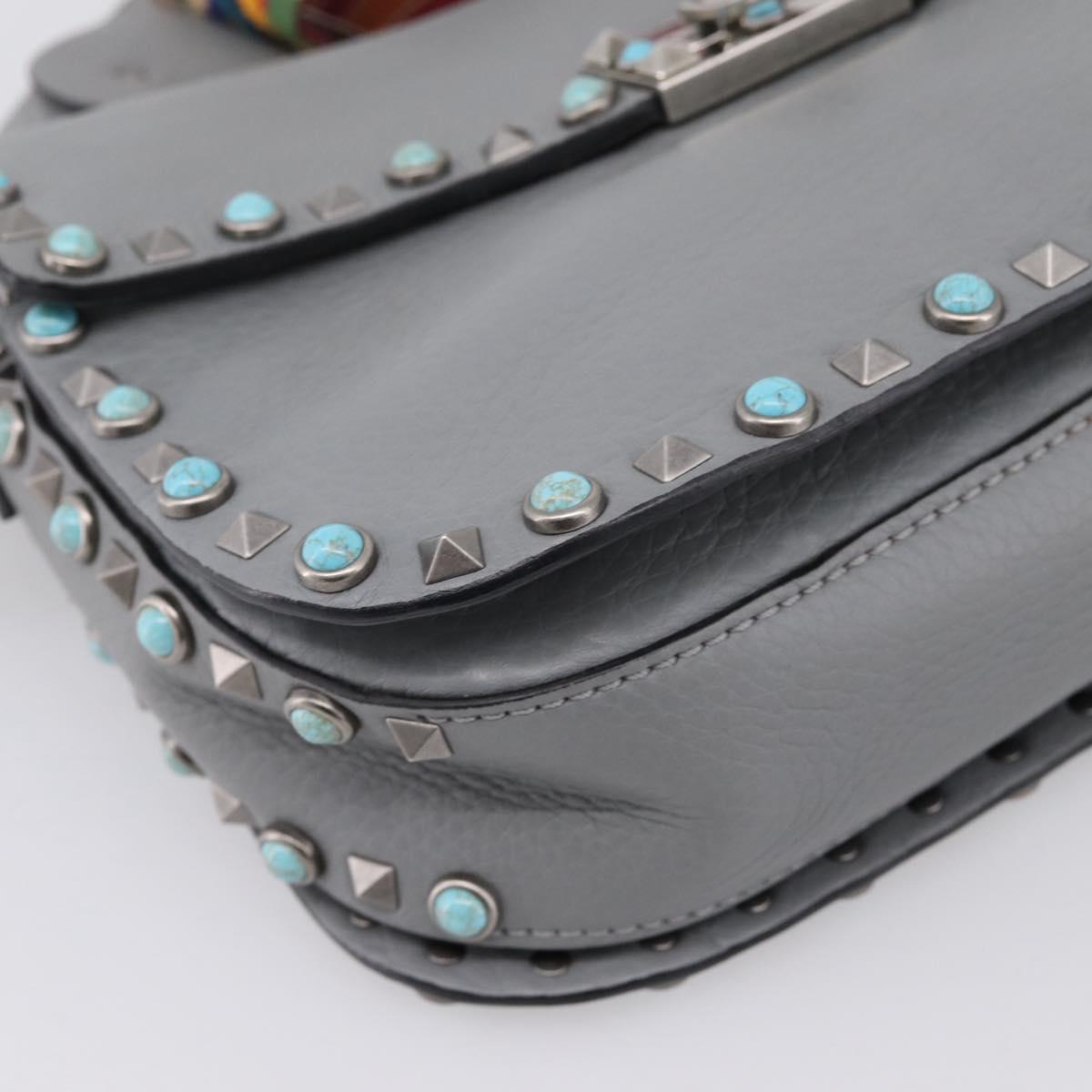 VALENTINO Shoulder Bag Leather Gray Blue Auth 202167
