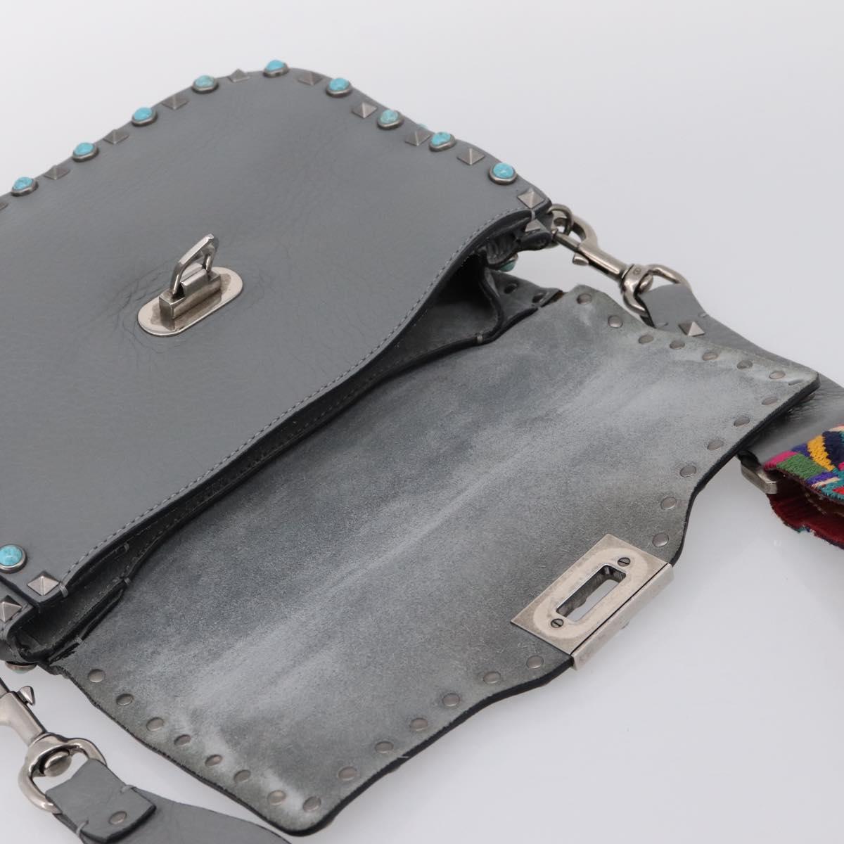 VALENTINO Shoulder Bag Leather Gray Blue Auth 202167