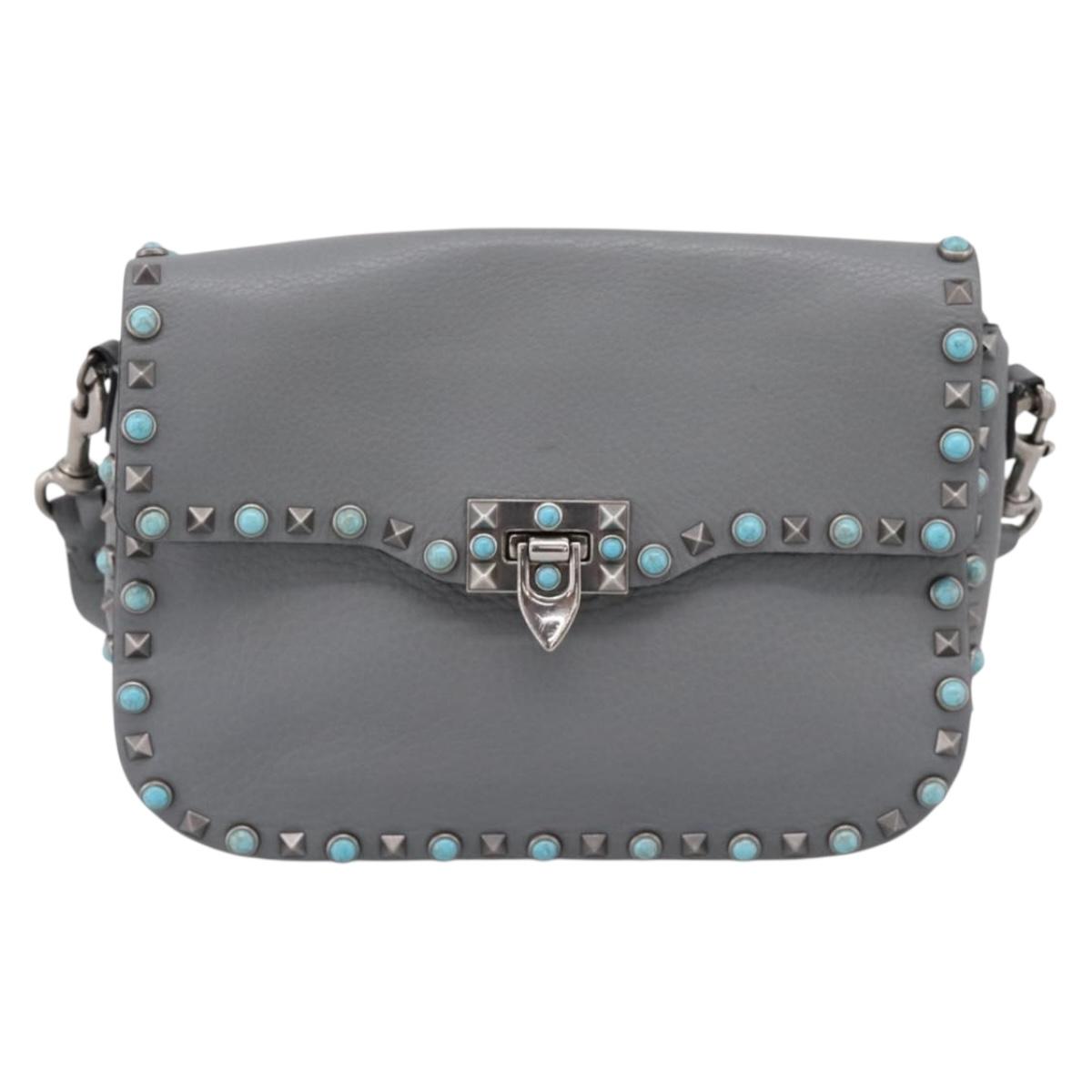 VALENTINO Shoulder Bag Leather Gray Blue Auth 202167