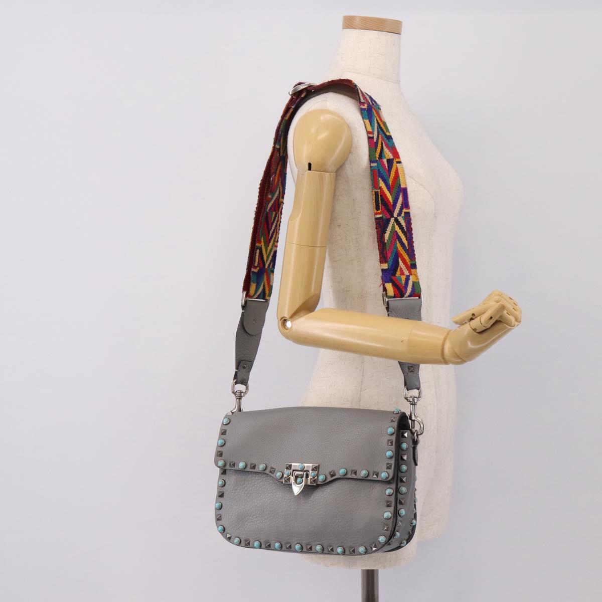 VALENTINO Shoulder Bag Leather Gray Blue Auth 202167