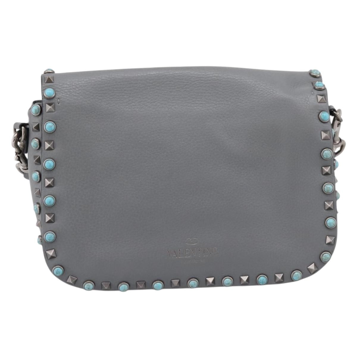 VALENTINO Shoulder Bag Leather Gray Blue Auth 202167