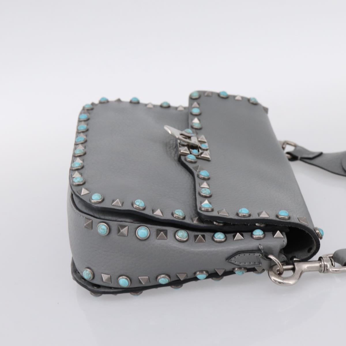 VALENTINO Shoulder Bag Leather Gray Blue Auth 202167