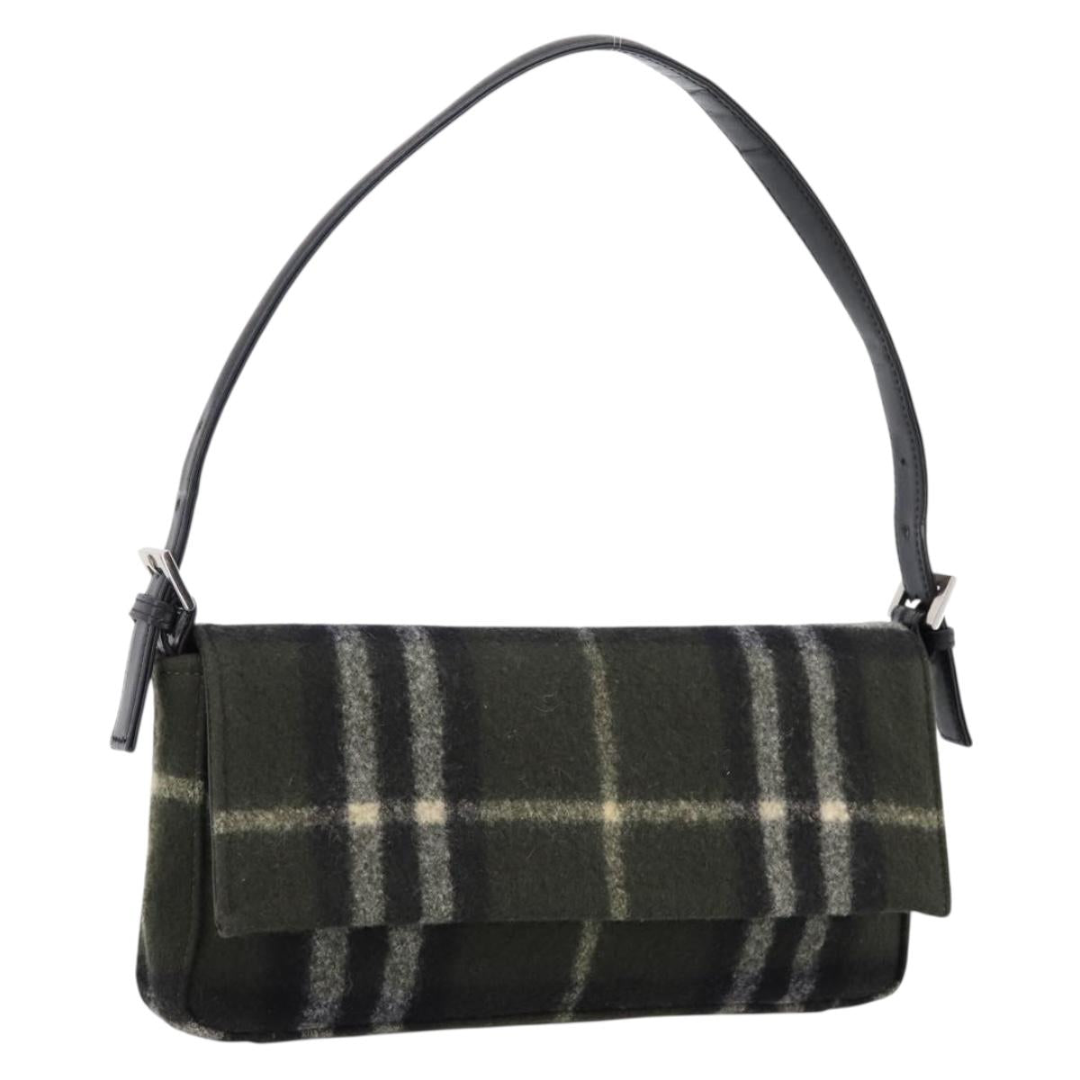 Burberrys Nova Check Shoulder Bag Wool Green Silver Auth 202175A