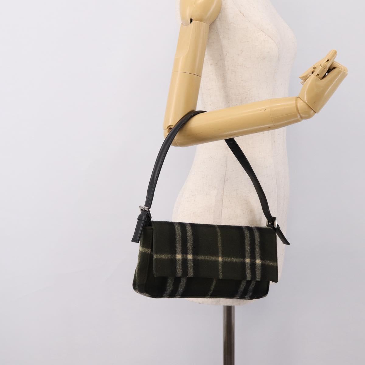 Burberrys Nova Check Shoulder Bag Wool Green Silver Auth 202175A