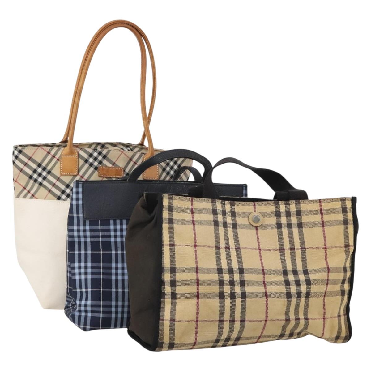 BURBERRY Nova Check Hand Bag Canvas 3 Set Beige Blue Auth 202176