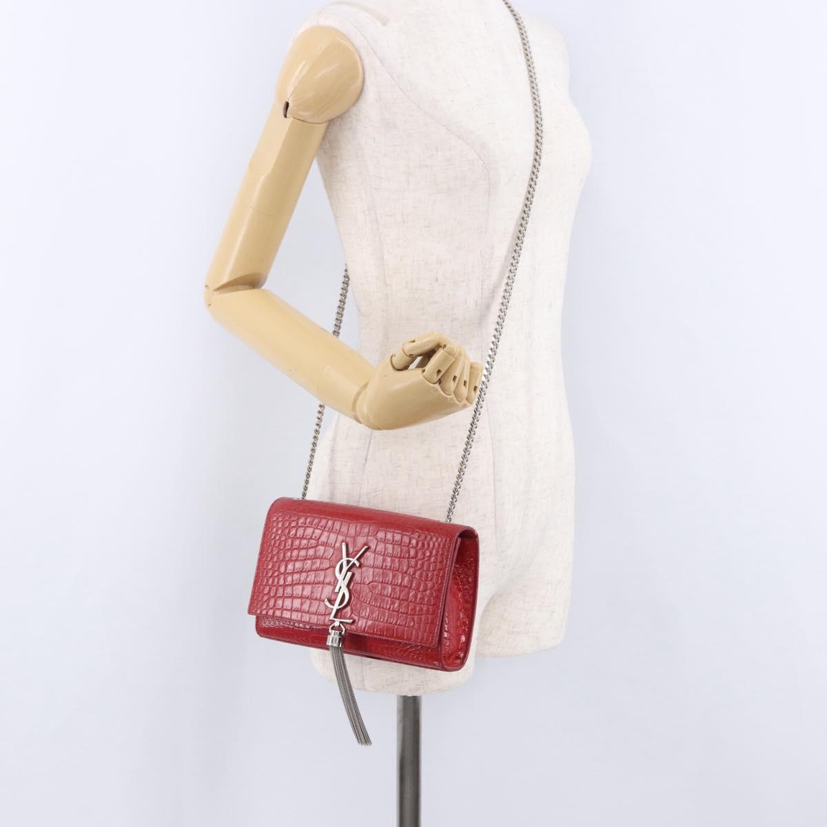 SAINT LAURENT Chain Kate Shoulder Bag Leather Red Silver Auth 202203V