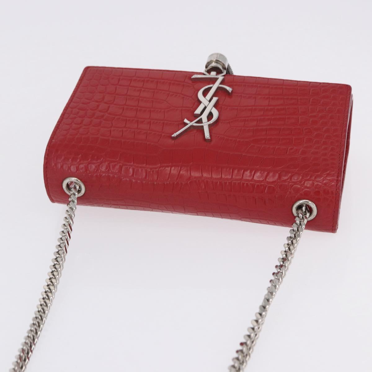 SAINT LAURENT Chain Kate Shoulder Bag Leather Red Silver Auth 202203V