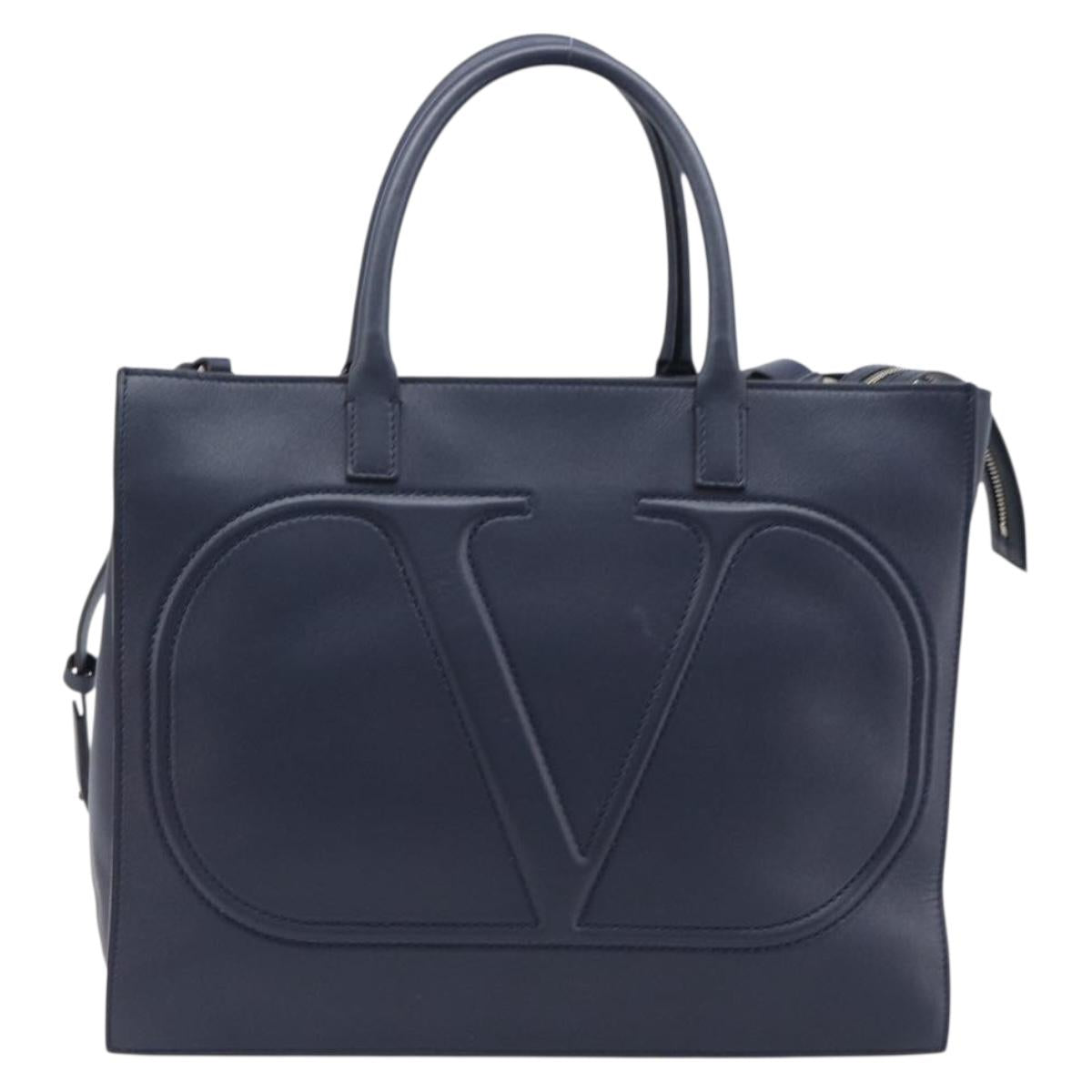 VALENTINO Hand Bag Leather 2way Navy Gold Auth 202206V