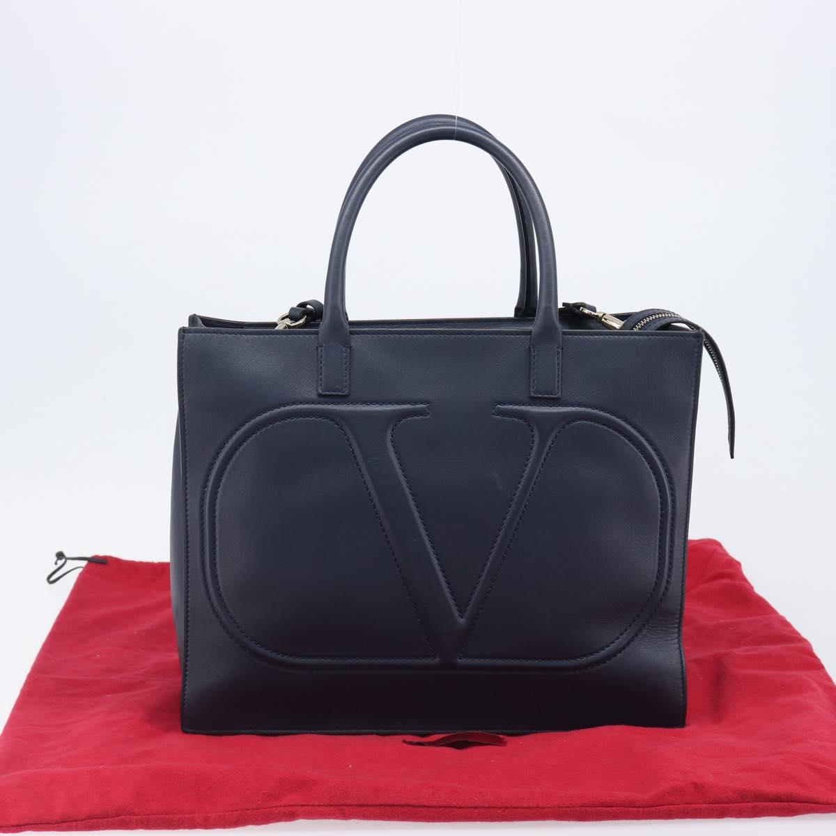 VALENTINO Hand Bag Leather 2way Navy Gold Auth 202206V