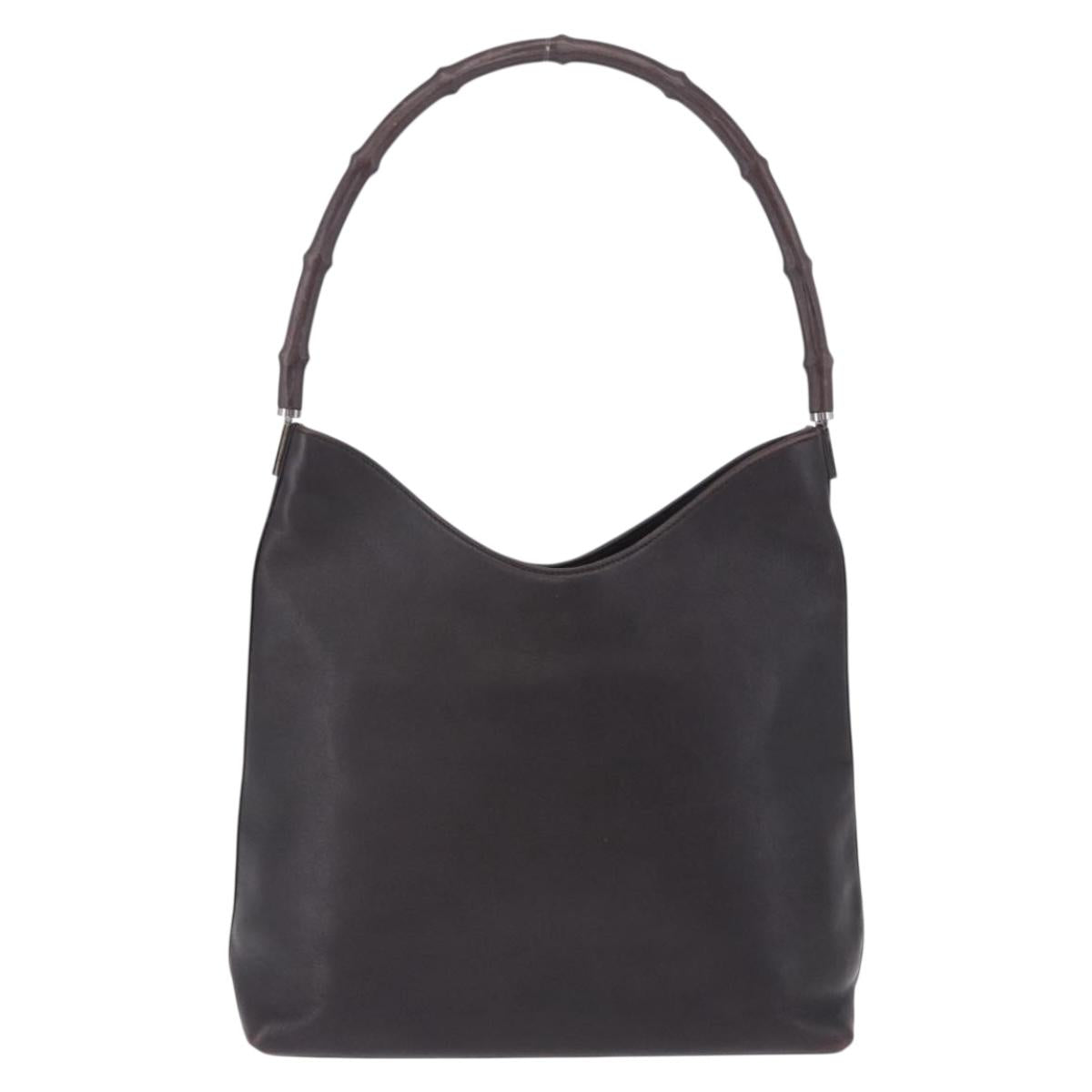 GUCCI Bamboo Shoulder Bag Leather Dark Brown Silver 001 3244 Auth 202214A