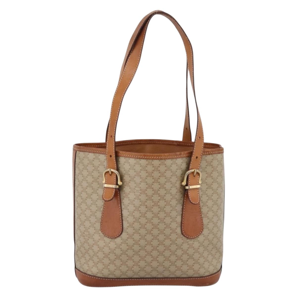 CELINE Macadam Tote Bag PVC Leather Beige Gold Tone Auth 202219