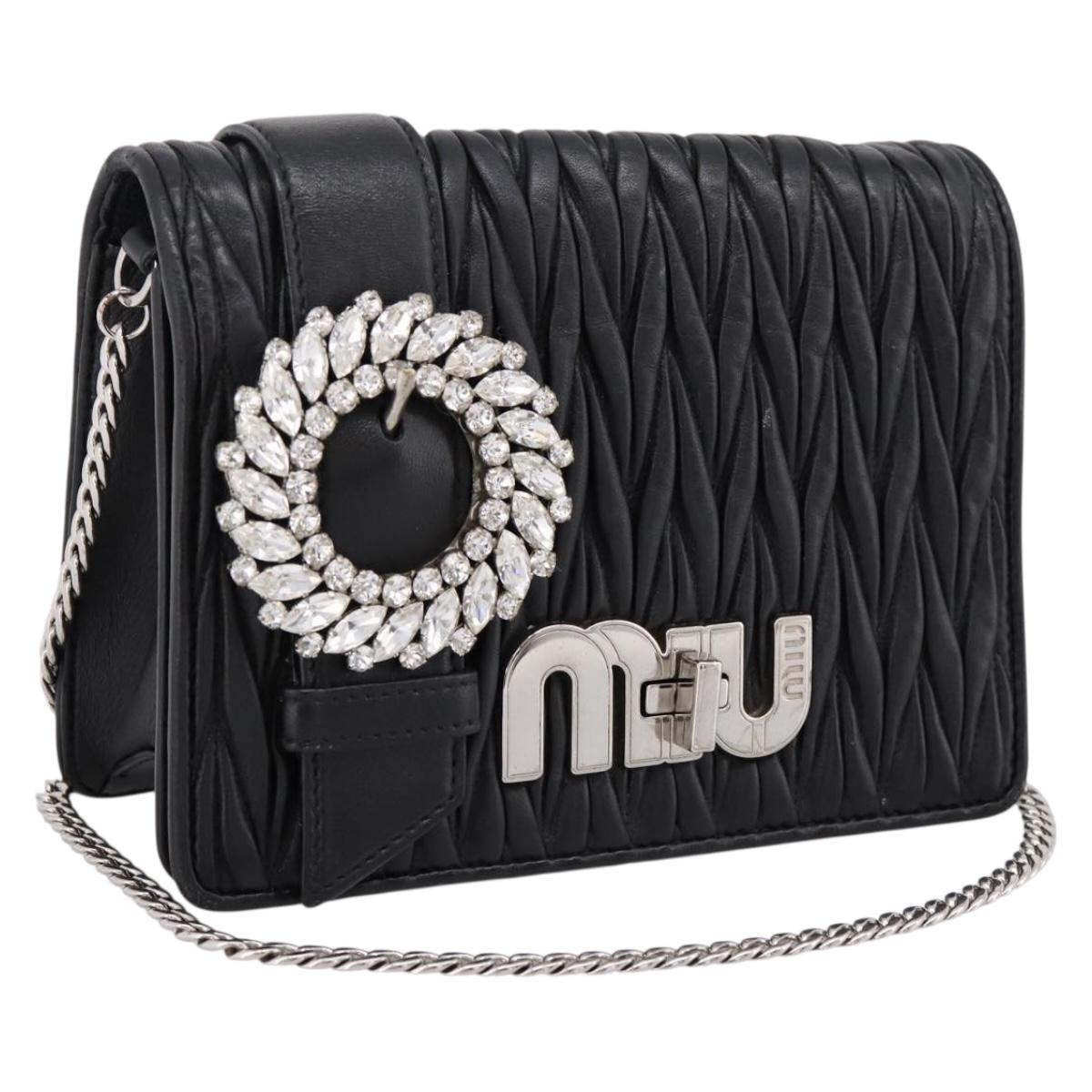 Miu Miu Matelasse Chain Shoulder Bag Leather Black Silver Auth 202224A