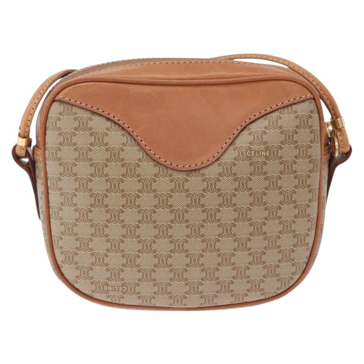 CELINE Macadam Shoulder Bag PVC Leather Beige Gold Tone Auth 202226